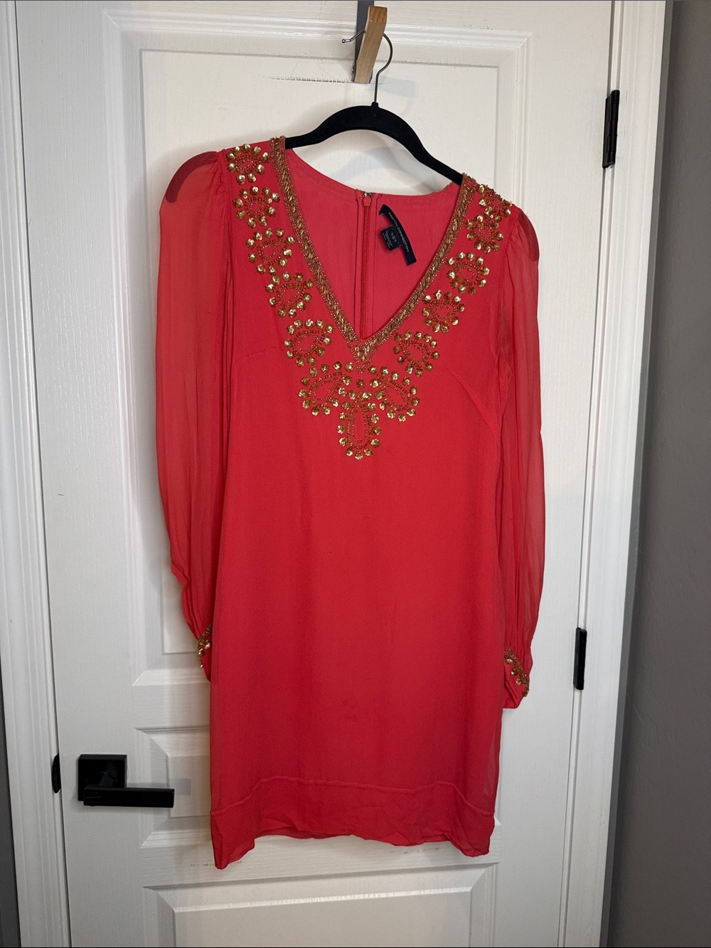 French Connection Coral V-Neck Long Sleeve Dress with Gold Beading 100% Silk